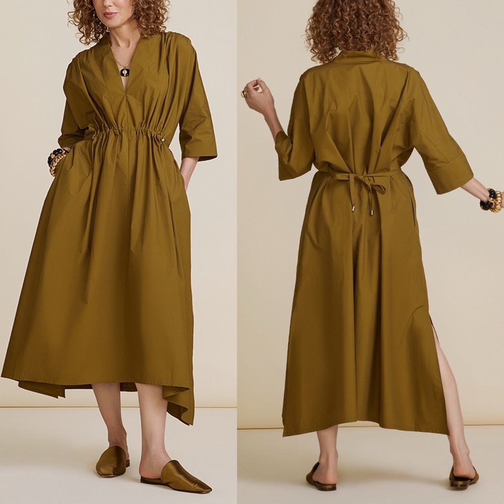 Relaxed Olive High-Low Midi Dress with Drawstring Waist